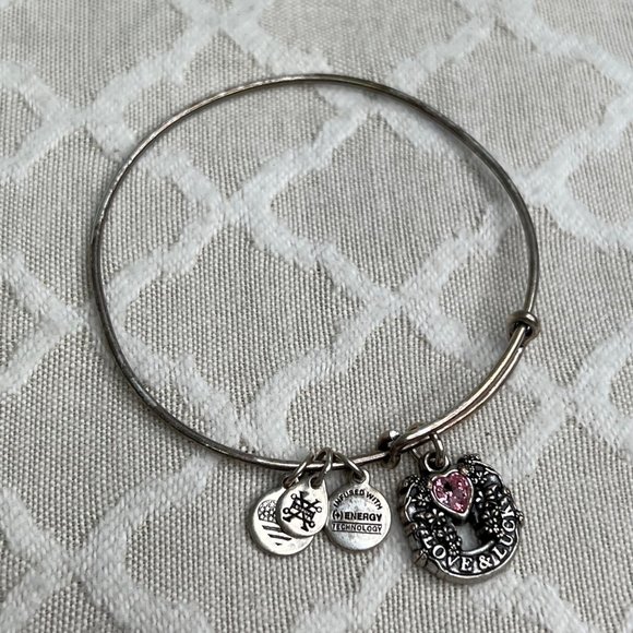 Alex and Ani Silver Tone Expandable Bracelet Love and Luck Pink Stone Charm - Picture 5 of 8